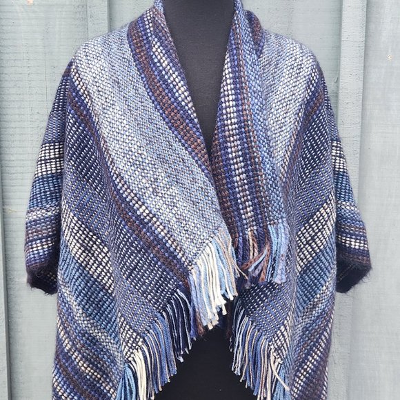 Hand Woven Shawl Wrap With Armholes Shades of Blue - Picture 2 of 6